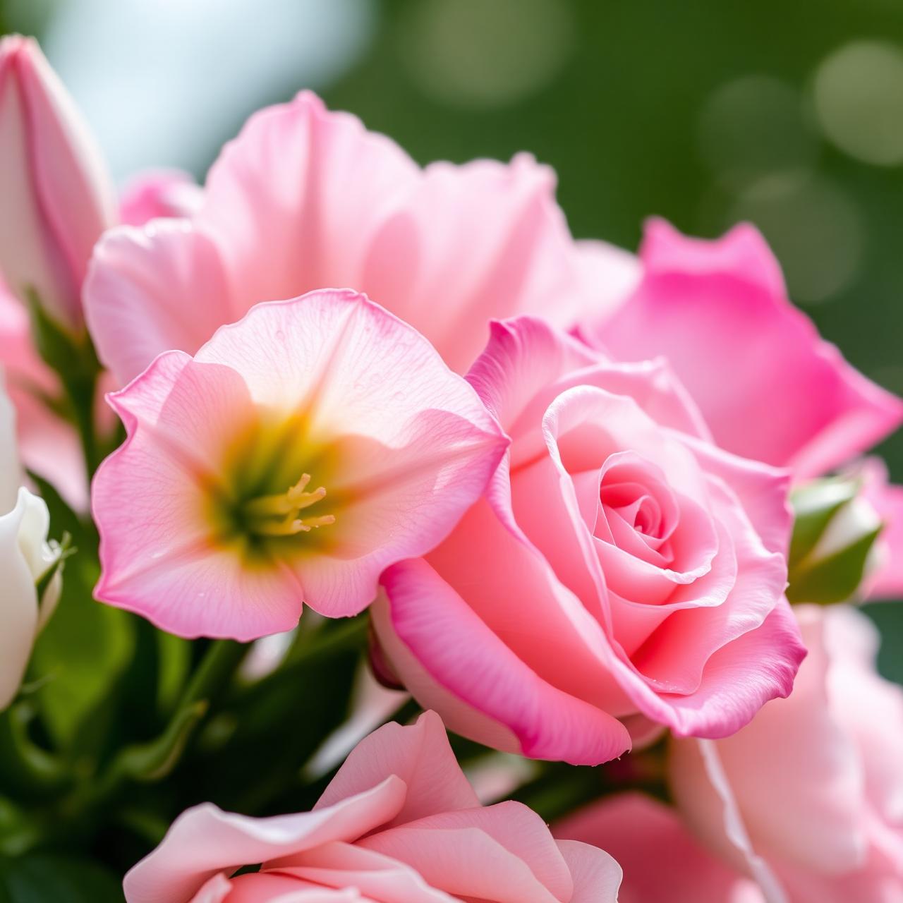 Detalle de rosas rosas y lisianthus para arreglo floral de boda