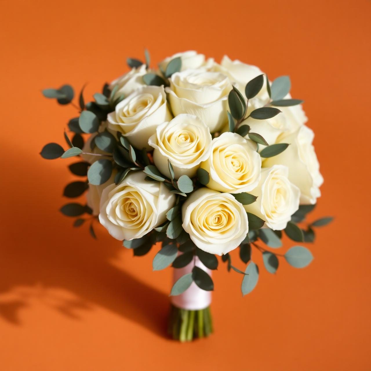 Ramo de rosas blancas con eucalipto sobre fondo terracota