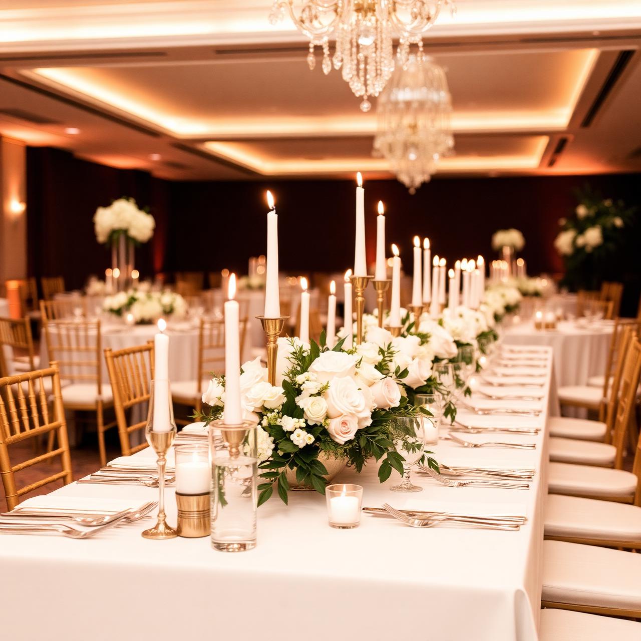 Mesa larga decorada con centros florales blancos y velas para evento